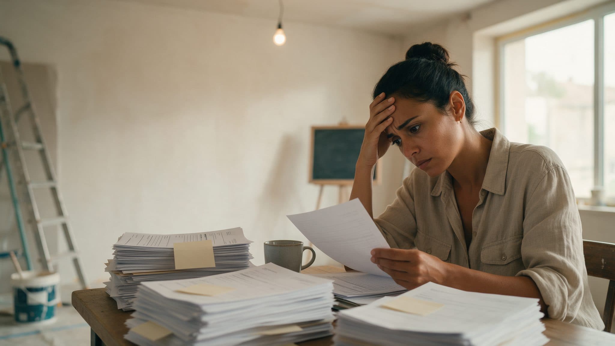 رائدة أعمال، رأسها على يدها، أمام أكوام من الاستمارات في مطعمها المستقبلي الذي ما زال قيد الترميم.